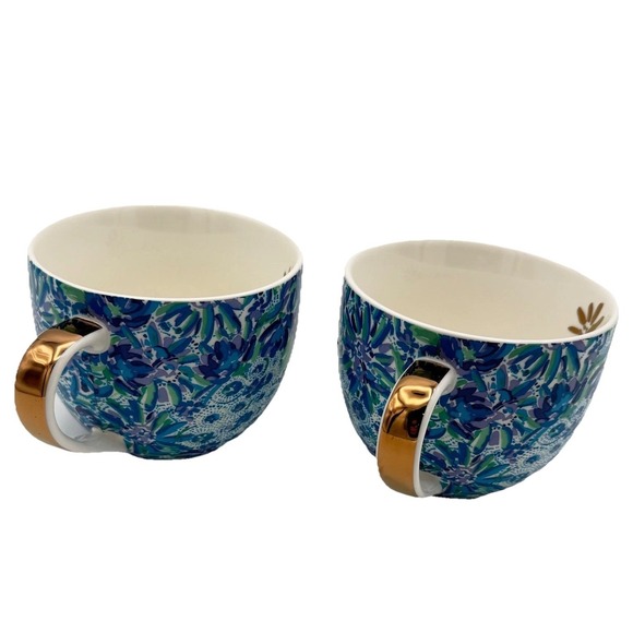 Lilly Pulitzer Ceramic Mugs Set of 2 Blue Floral Paisley Gold Handles 12oz NEW - Picture 8 of 16